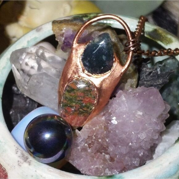 Hand Crafted Jewelry - 'Delician' Moss Agate, Unakite & Ruby in Zoisite Necklace